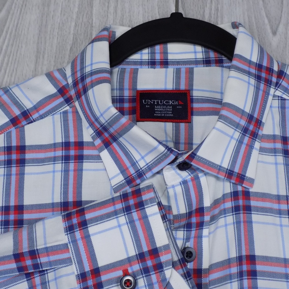 UNTUCKit Baron Button Down Shirt Mens Medium White Red Blue Plaid Preppy Casual